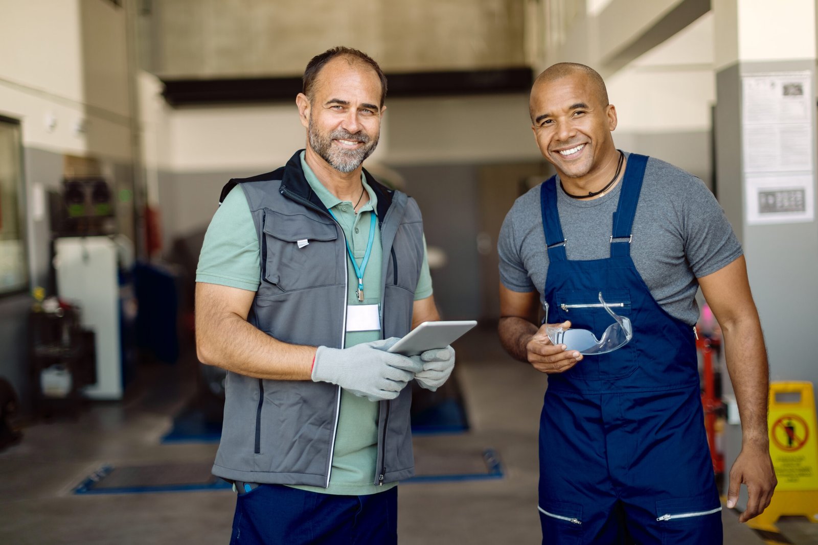 happy auto mechanics working together in a workshop.